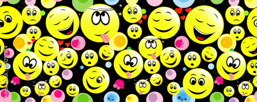 Colorful seamless pattern of smiley on black. Background for web, wallpaper and wrapper design.