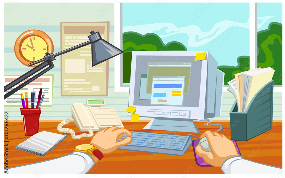 Fototapeta premium Vector illustration of a businessman workplace in the office with desk computer 