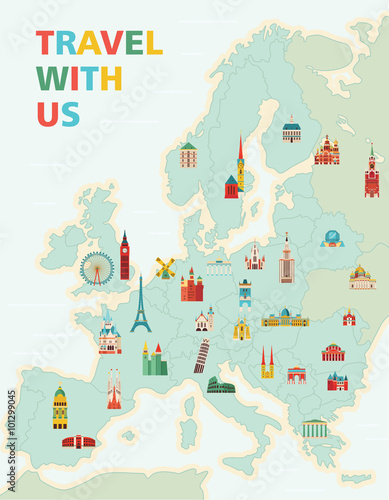 Europe map with famous monuments. Travel and tourism background. Vector illustration