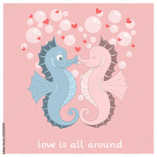 Fototapeta Naklejka Na Ścianę i Meble -  Vector seahorses with red hearts. Valentine's Day funny card. Couple of kissing seahorses. Cartoon Valentines personage on a rose quartz background. Invitation with seahorses.
