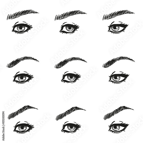 Icons set female eye with long eyelashes and eyebrows different shapes look just to the left to the right, black and white to show the make-up design diagrams and instructions, isolated vector objects