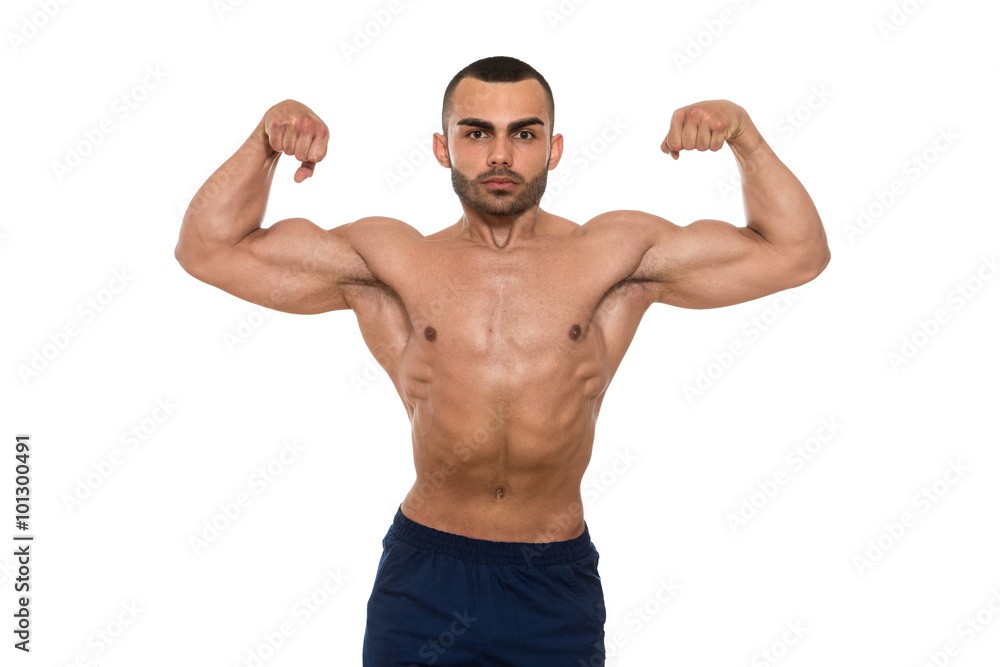 Muscular Bodybuilder Man Posing Over White Background Muscular Bodybuilder Man Posing Over White Background