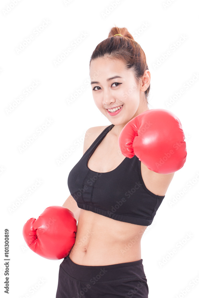 Boxer - Portrait of fitness woman boxing wearing boxing red gloves on white background. Boxer - Portrait of fitness woman boxing wearing boxing red gloves on white background.