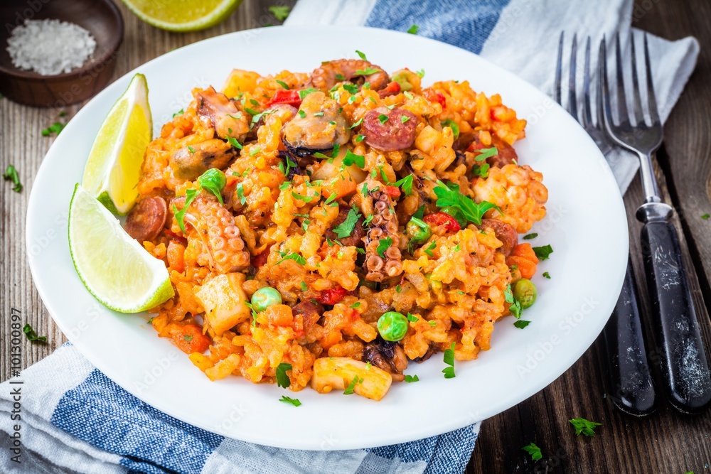 Paella with seafood and chorizo sausages Paella with seafood and chorizo sausages