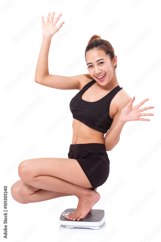 Happy woman with scales on white background