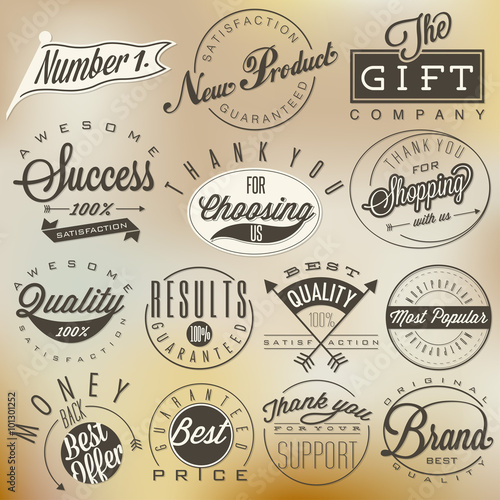 Set of symbols for Best Quality, Original Brand, New Product, Money Back. Thank you for choosing us, for your support, for shopping with us. Retro vintage style, hand lettering typographic symbols.