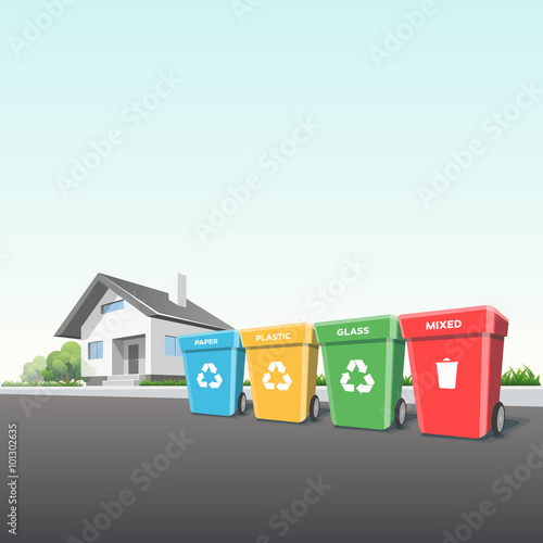 Household Recycling Waste Bins outside of a House