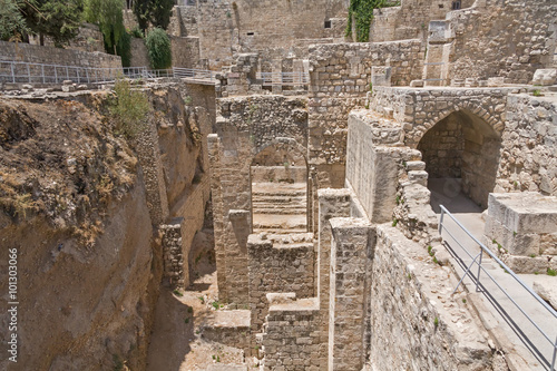 Photos Ancient Pool of Bethesda ruins. Old City of Jerusalem, Israel.