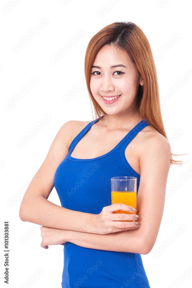 Portrait of young woman with orange juice. Portrait of young woman with orange juice.