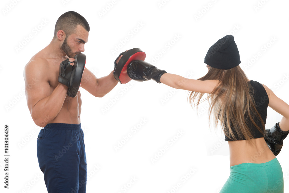 Boxing Couple Against White Background