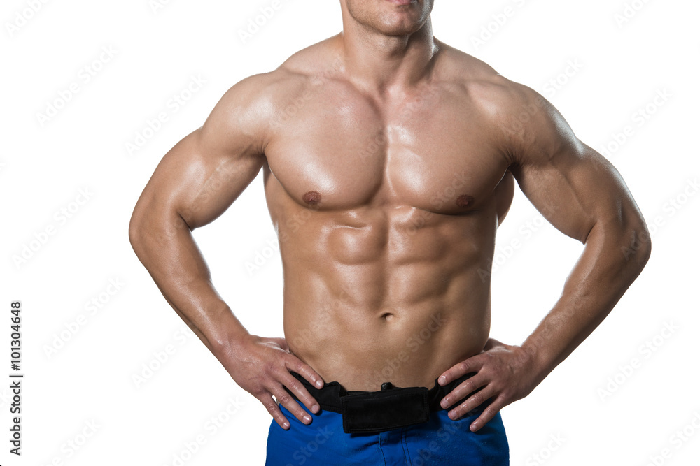 Man With Six Pack Close-up Over White Background