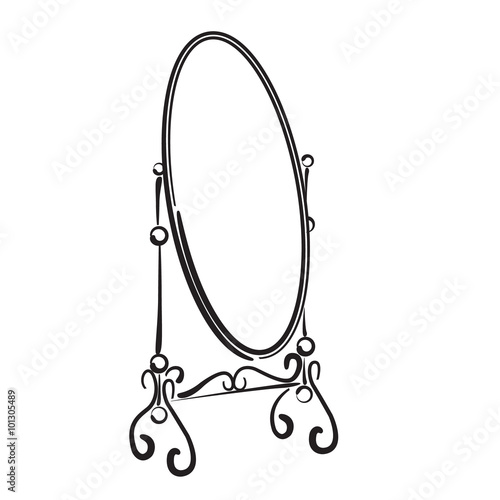 Big standing mirror. Sketch mirror illustration