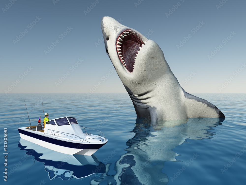 Naklejka premium Sea Angler and the Megalodon Shark