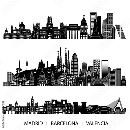 City skyline detailed silhouette set (Madrid, Barcelona, Valencia). Vector illustration