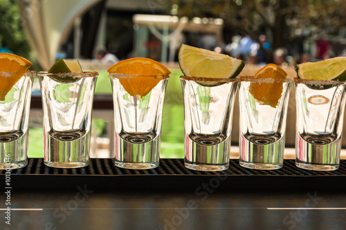 Little Glasses in Line with Orange and Lime Slices Ready to Tequ photo