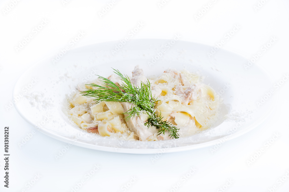 Creamy cream soup with mushrooms and croutons on a white background Creamy cream soup with mushrooms and croutons on a white background