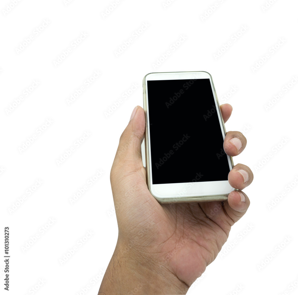 Hand holding smart phone isolated over white