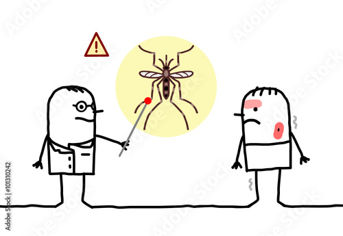 cartoon doctor with sick man, mosquito and Dengue 