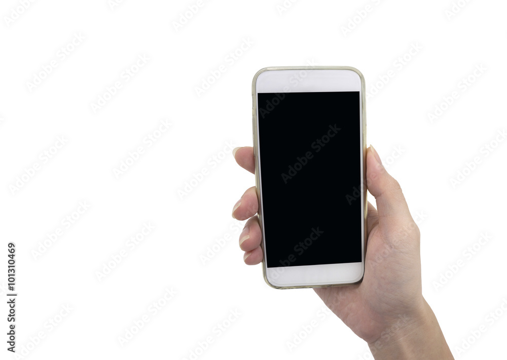 Hand holding smart phone isolated over white background - mockup Hand holding smart phone isolated over white background - mockup