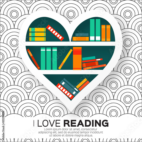 Bookshelves in the form of heart with colorful books. Reading. I love books.  Home library with literature, vector illustration