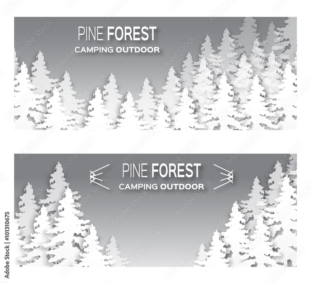 Fototapeta premium Wild forest background. Origami pine tree. Applique landscape nature. Paper cut style - wood panorama circle template. Outdoor camping design. Vector illustration