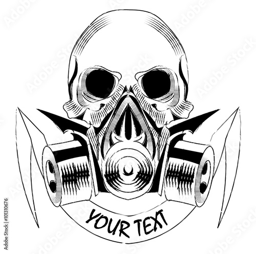 skull wearing a gas mask. vector with signature
