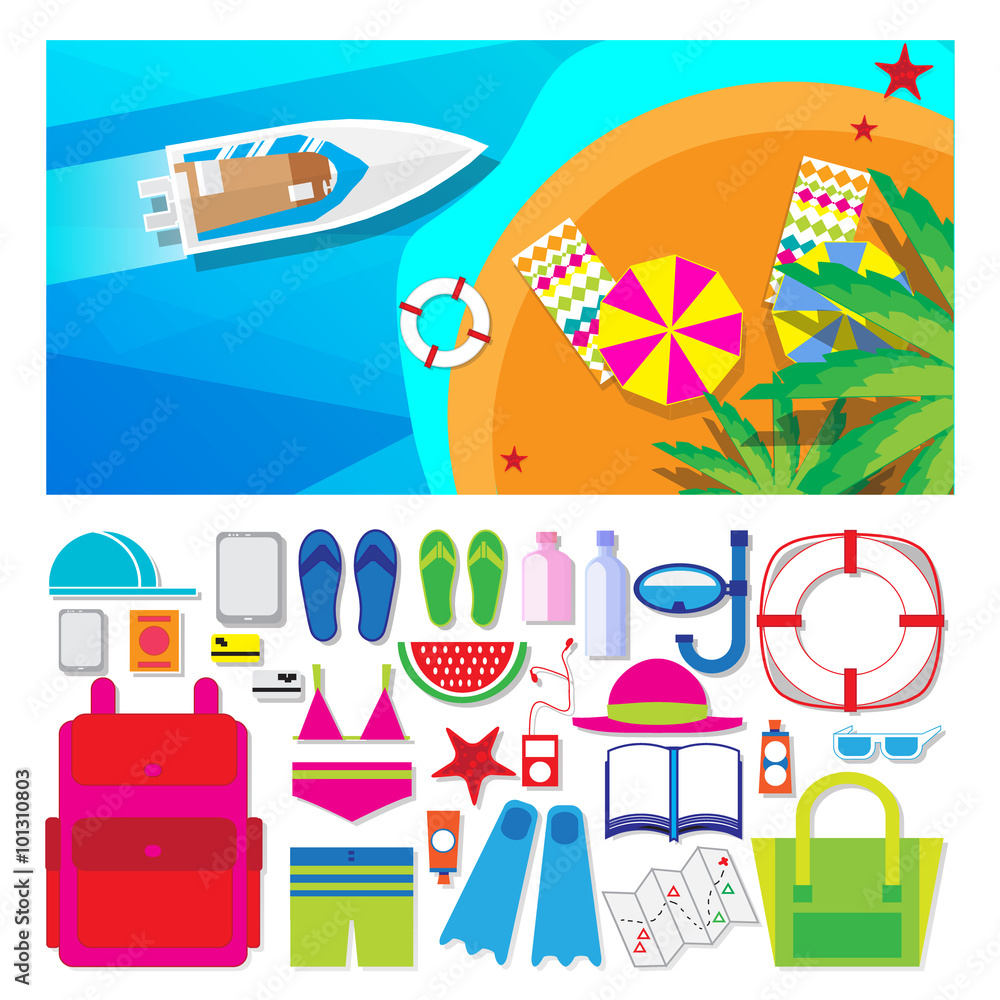 Summer vacation, time to travel, beach rest: sun, sea, waves, sand, umbrella, towel, flippers, starfish, lifebuoy. Vector illustration flat style background. Summer vacation, time to travel, beach rest: sun, sea, waves, sand, umbrella, towel, flippers, starfish, lifebuoy. Vector illustration flat style background.