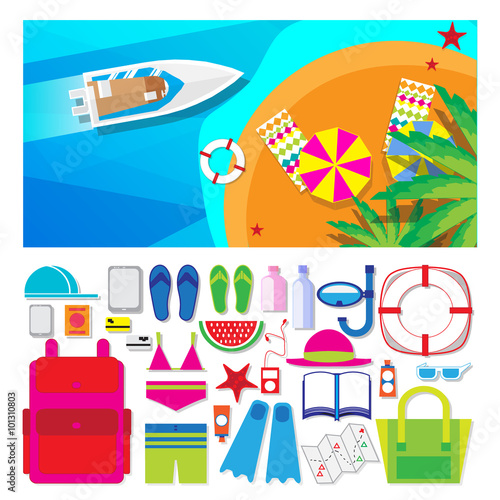 Summer vacation, time to travel, beach rest: sun, sea, waves, sand, umbrella, towel, flippers, starfish, lifebuoy. Vector illustration flat style background.