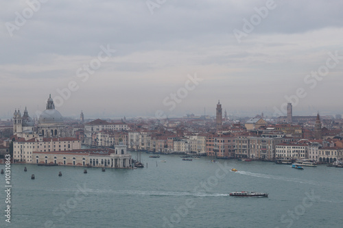 view of the basilica of the 17th century Santa Maria della Salute and the beginning of the Grand Canal from the tower of the 16th century church of San Giorgio Maggiore