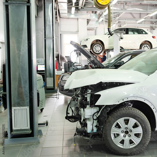 Moscow, Russia, May, 8, 2015: Crashed car in a dealer repair station in Moscow, Russia
