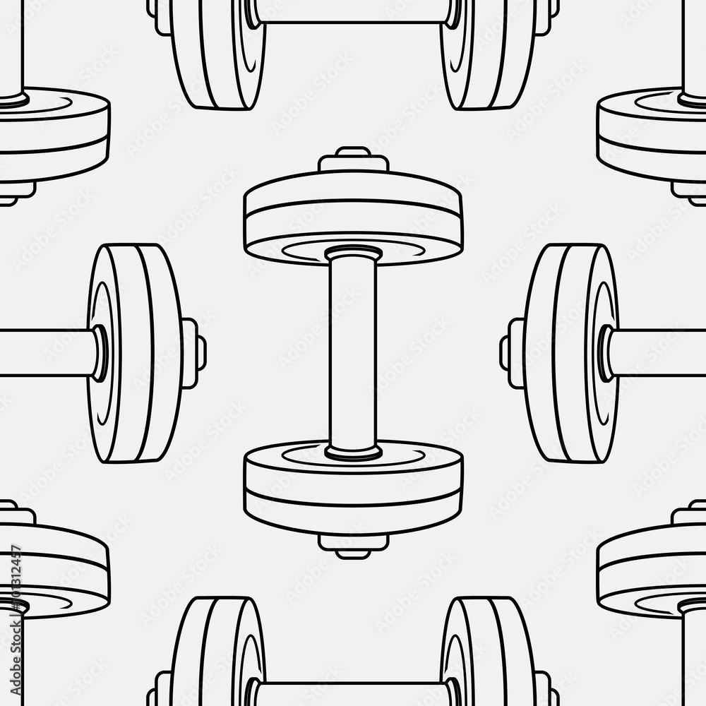 Vector monochrome seamless pattern with dumbbells. Fitness background.