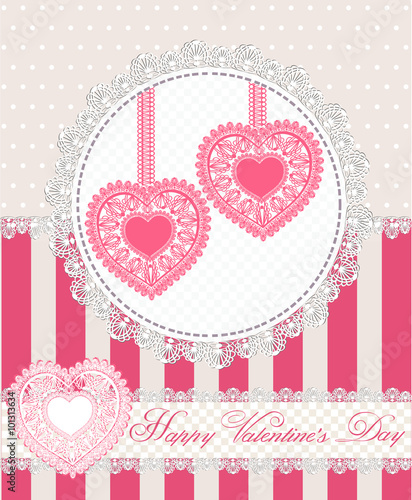 Happy valentines day greeting card with two lace hearts in retro style.Vector illustration.