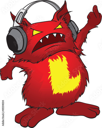 Evil little red cartoon monster with headphones.