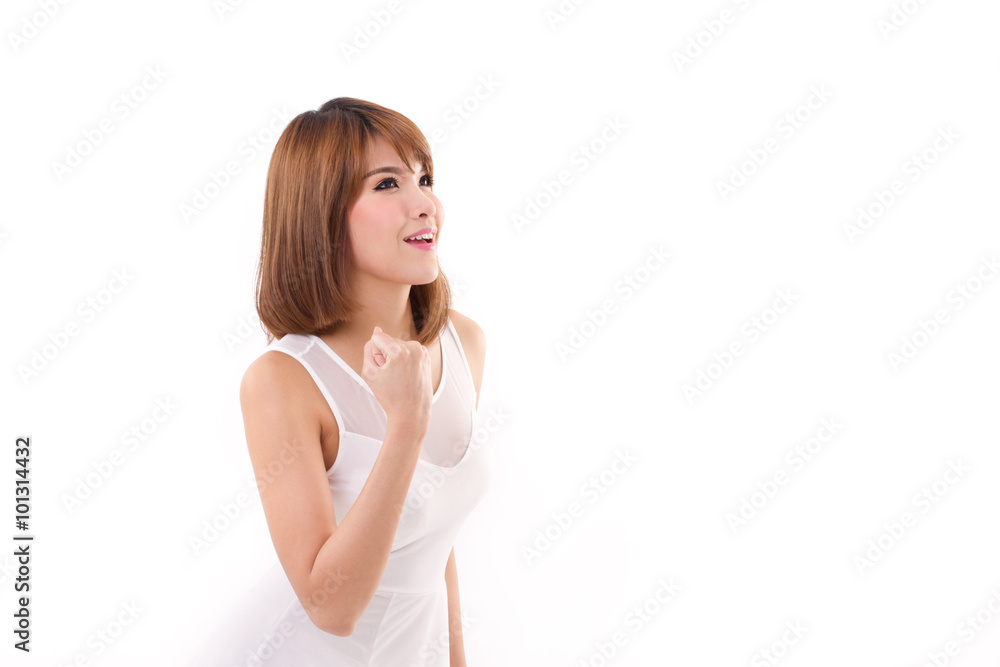happy, smiling, successful woman looking up happy, smiling, successful woman looking up