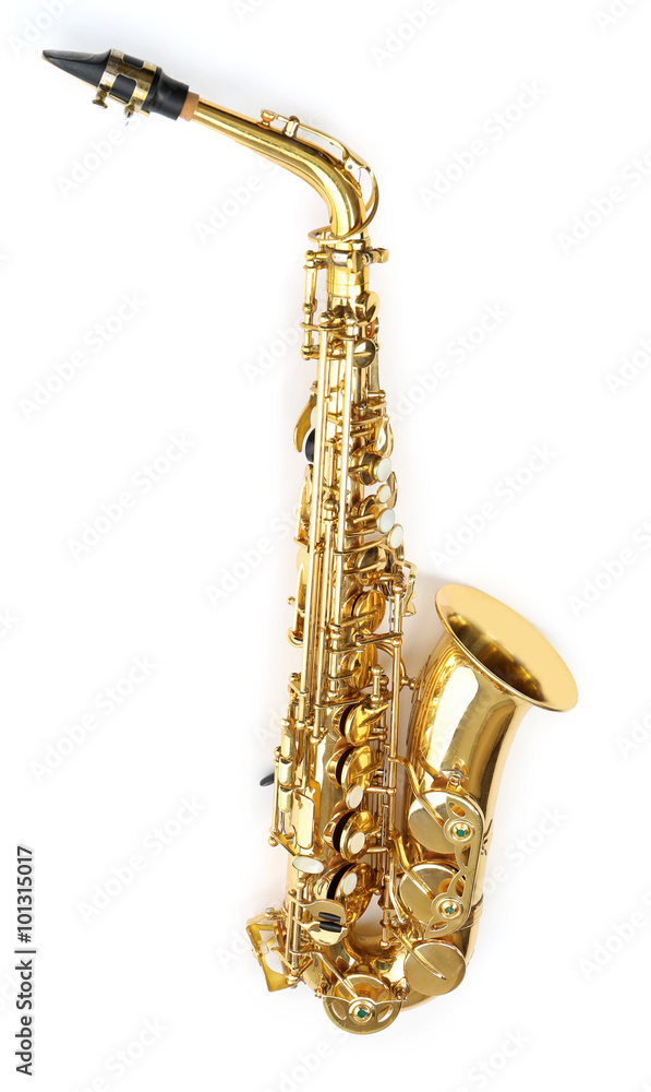 Naklejka premium Golden saxophone isolated on white background