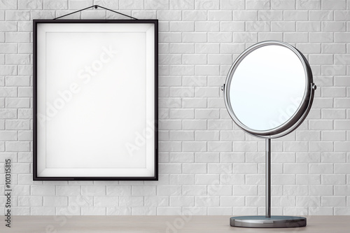 Chrome Makeup Mirror in front of Brick Wall with Blank Frame
