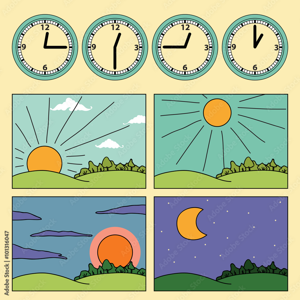 Raffinere Egen Rektangel cons with landscapes showing day cycle and clock showing the time of the  day - morning, noon, afternoon, evening Stock Vector | Adobe Stock