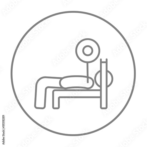 Man lying on bench and lifting barbell line icon.