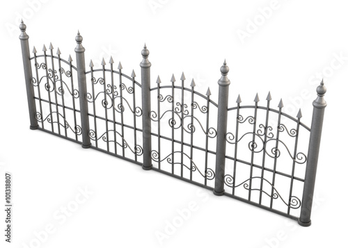 Decorative metal fence view angle on a white background. 3d rend