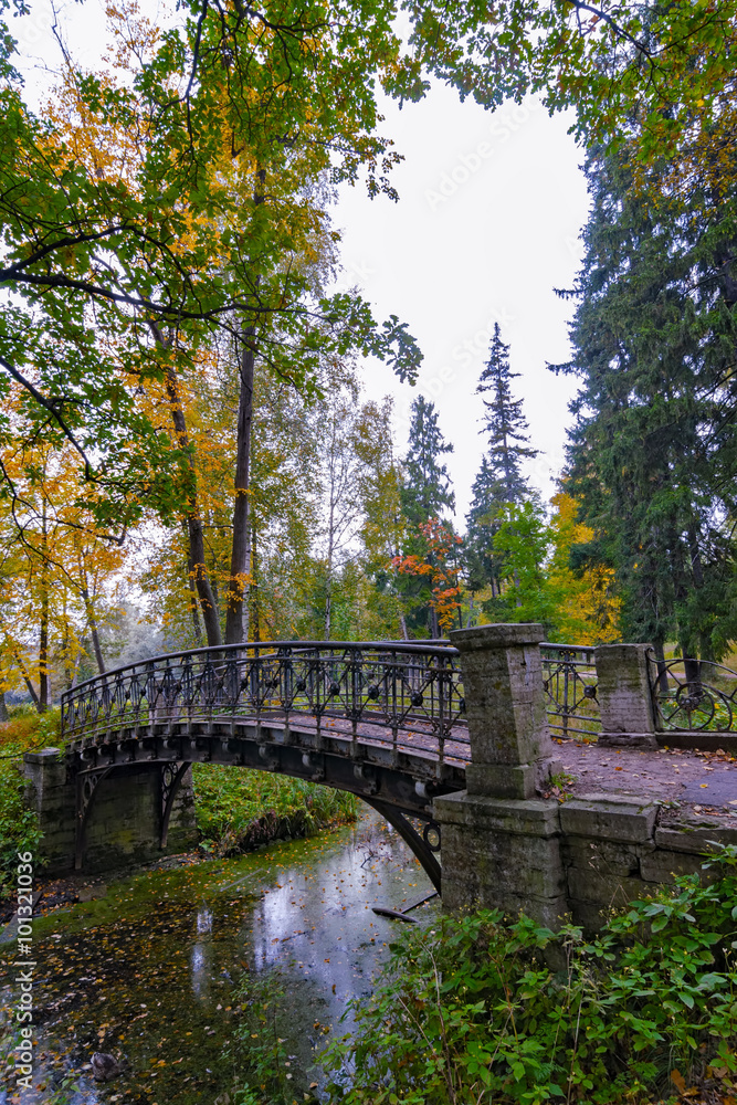 Picturesque autumn landscape with old bridge over channel