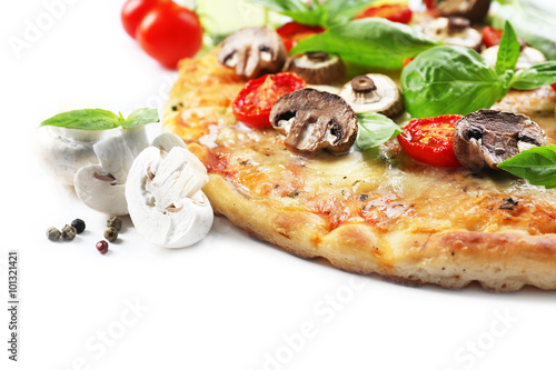 Delicious pizza and vegetables on white background, close up