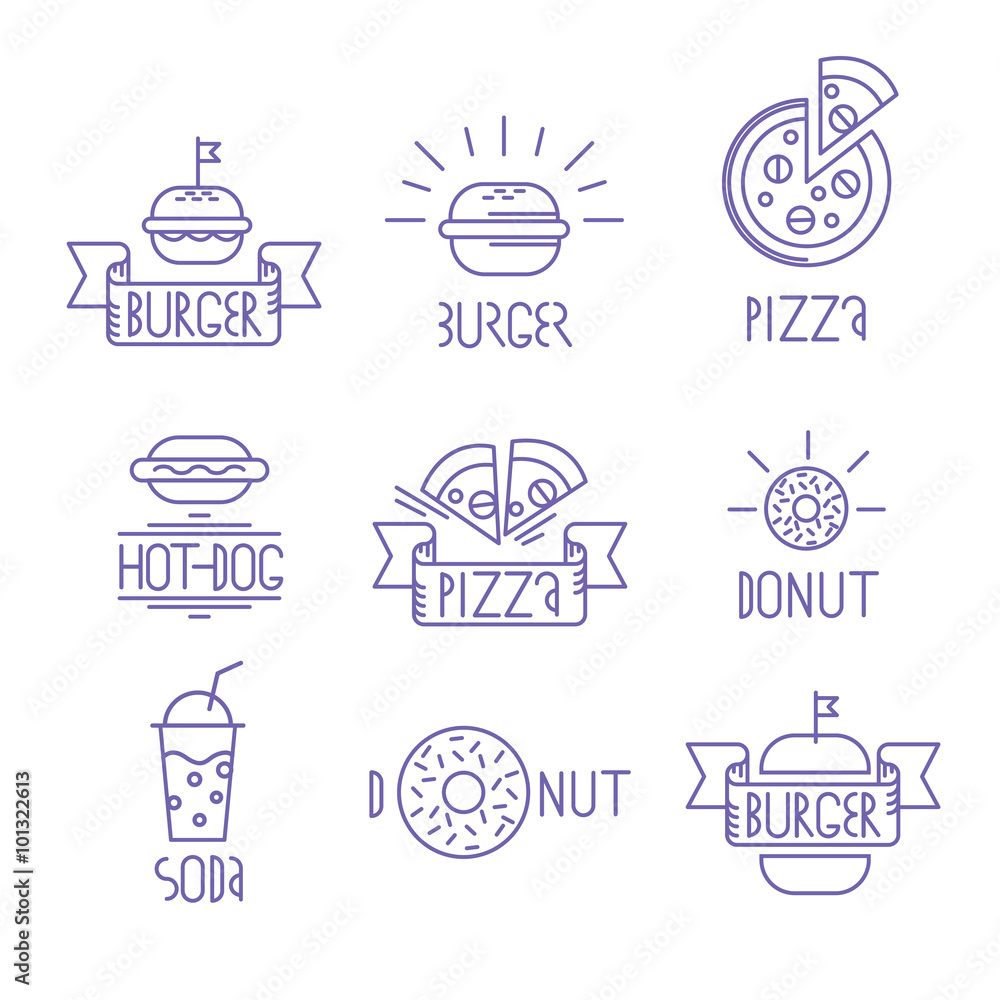 Vector fast food design elements. Linear style. Outline emblems