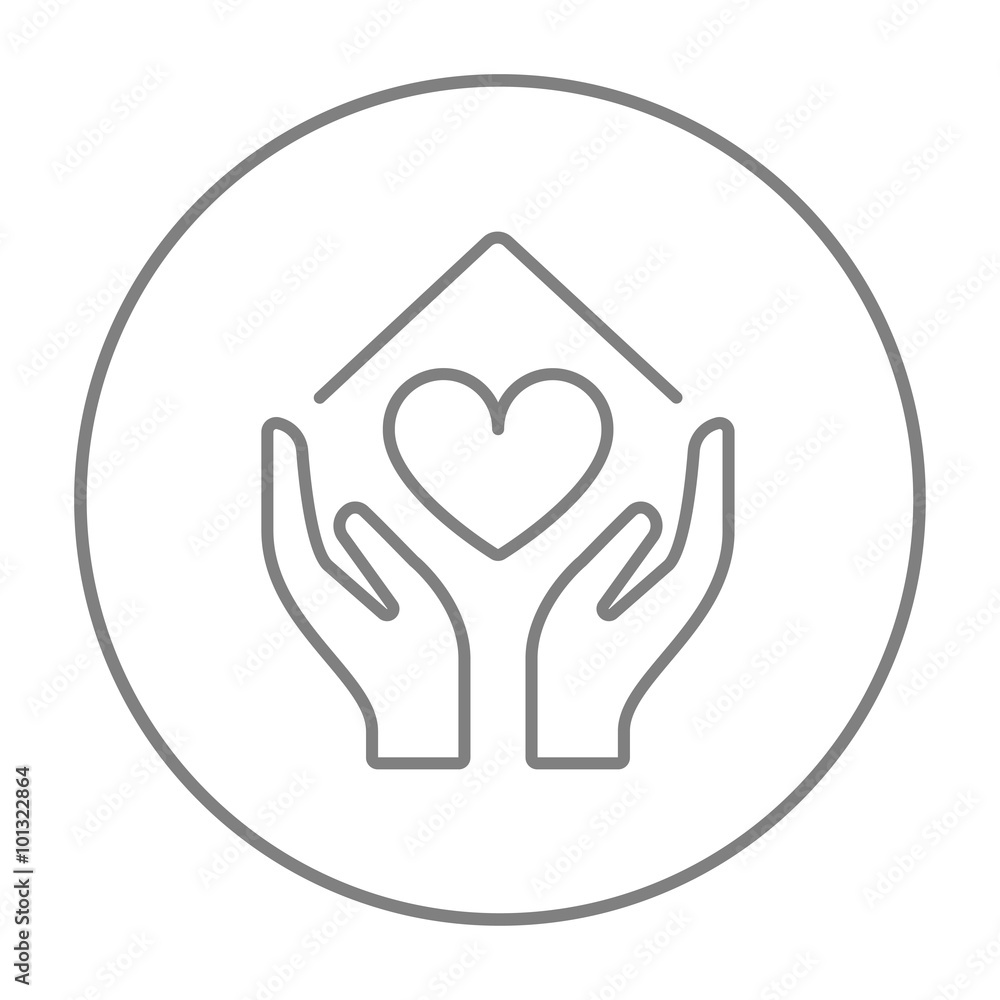 Hands holding house symbol with heart shape line icon. Hands holding house symbol with heart shape line icon.
