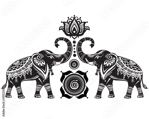 Stylized decorated elephants and lotus flower