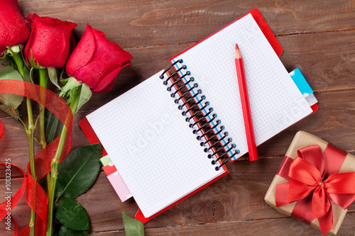 Valentines day roses, gift box and notepad