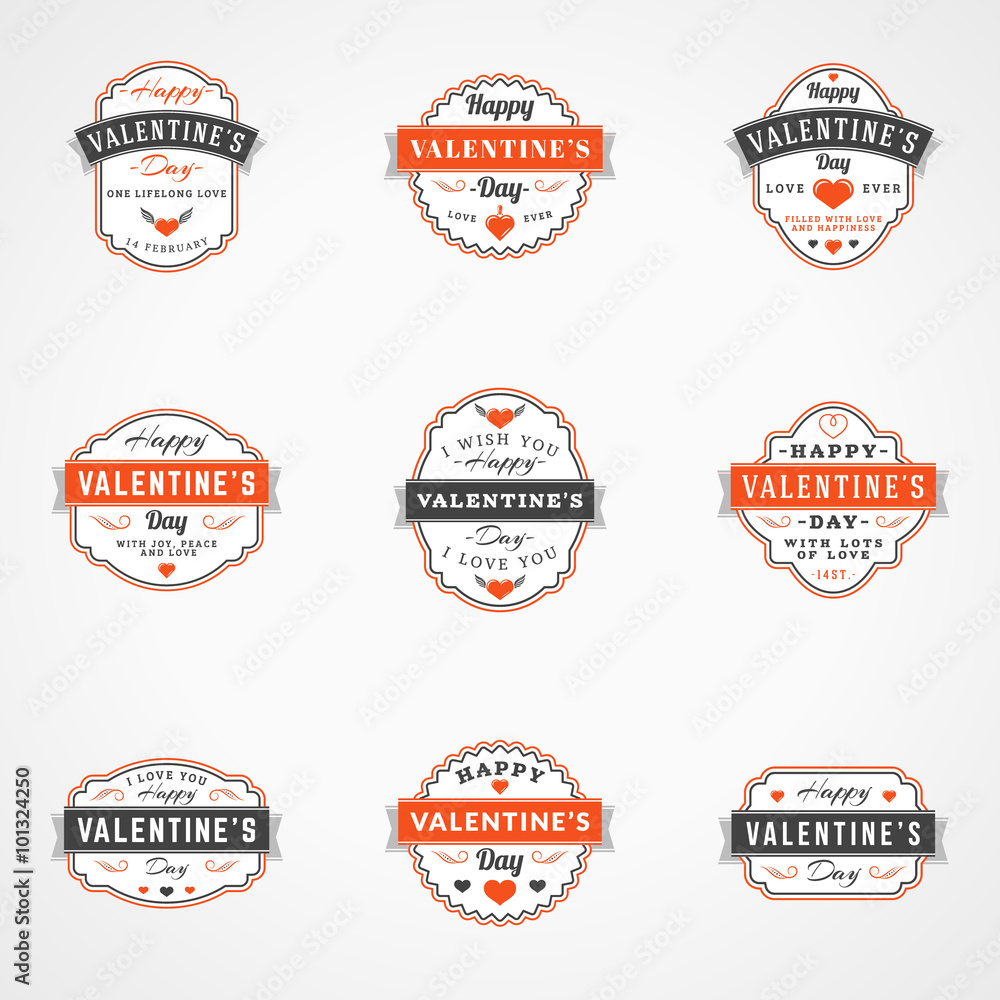 Set Of Vintage Happy Valentines Day Badges and Labels. Typography Design Template with Red and Black Colors