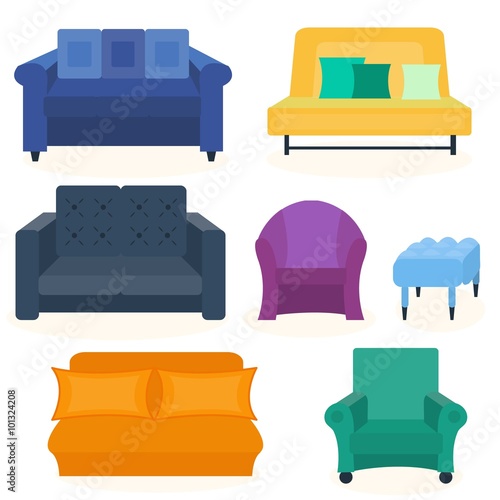 Set of colorful sofa and armchair. Vector illustration of furnitures for interiors, living rooms. Flat design