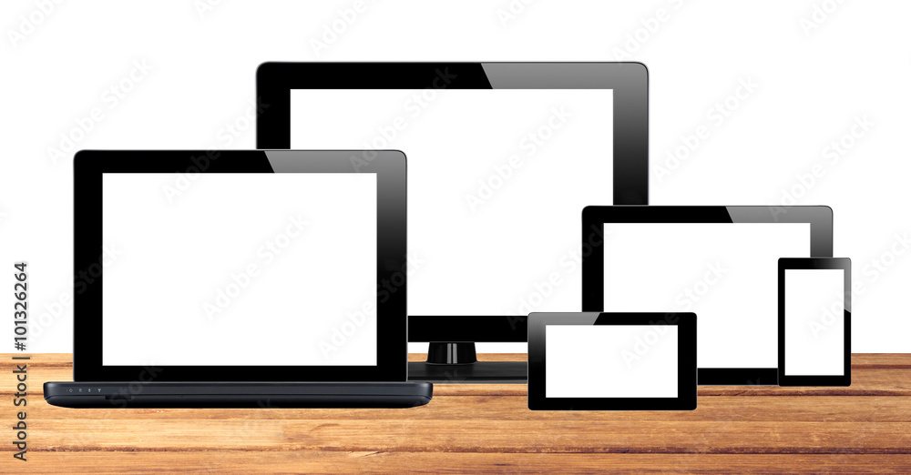 Tablet pc, mobile phone and computer on table Tablet pc, mobile phone and computer on table