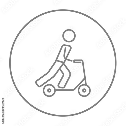 Man riding kick scooter line icon.