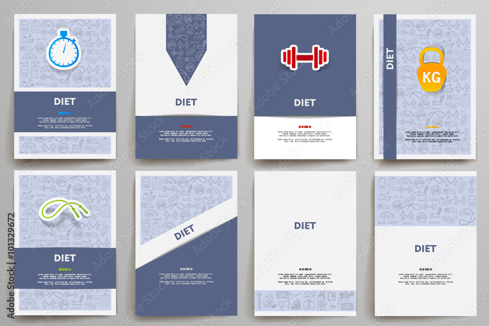 Corporate identity vector templates set with doodles diet theme